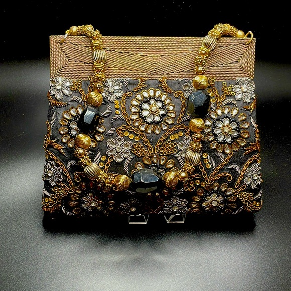MEERA MAHADEVIA~EVENING BAG~EMBROIDERED/BEADED BY HAND ON BLACK SILK - Picture 2 of 3